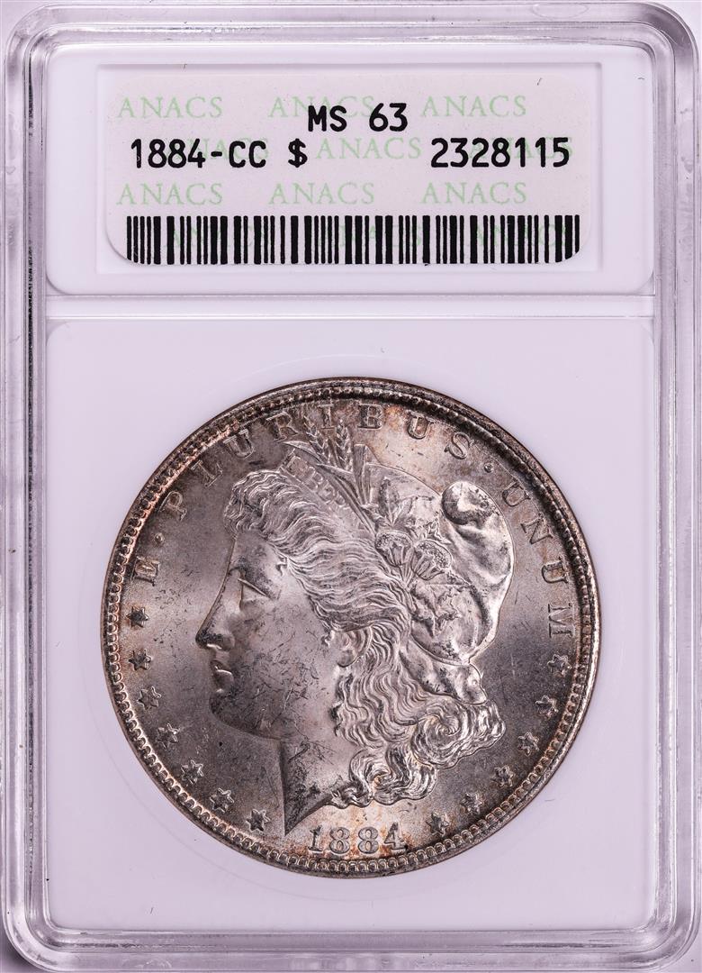 1884-CC $1 Morgan Silver Dollar Coin ANACS MS63 Old Soap Box Holder: One 1884-CC $1 Morgan Silver Dollar Coin ANACS MS63 Old Soap Box Holder. ANACS Certified.