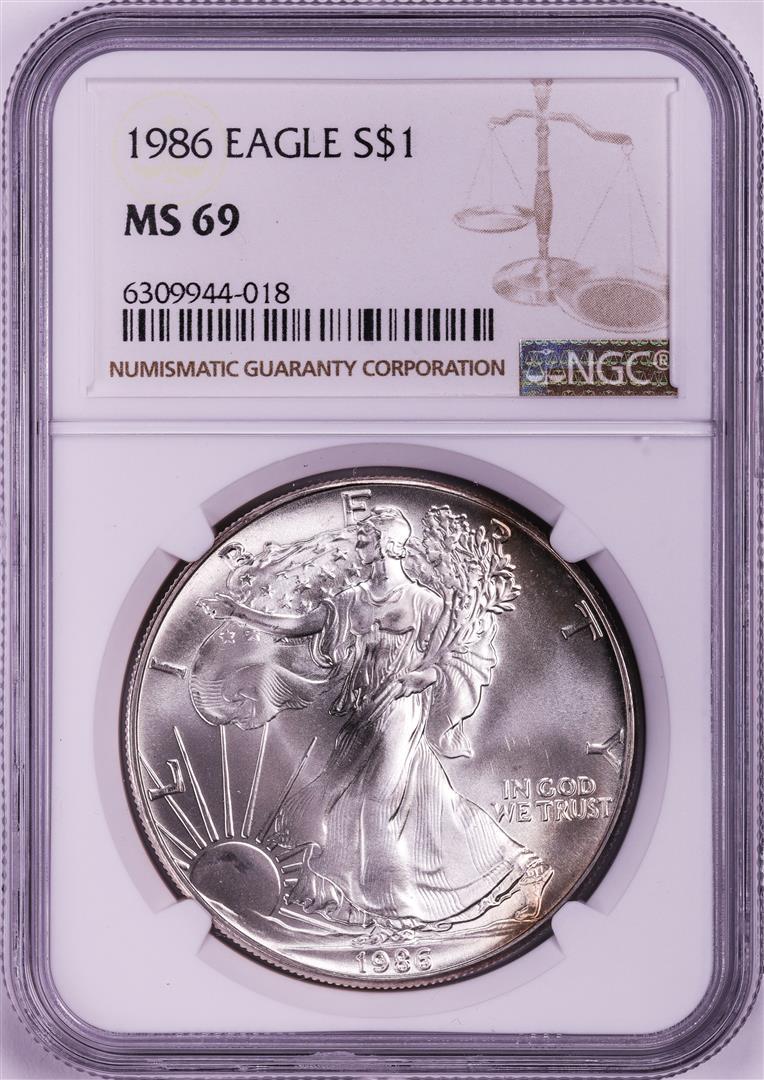1986 $1 American Silver Eagle Coin NGC MS69: One 1986 $1 American Silver Eagle Coin NGC MS69. NGC Certified.