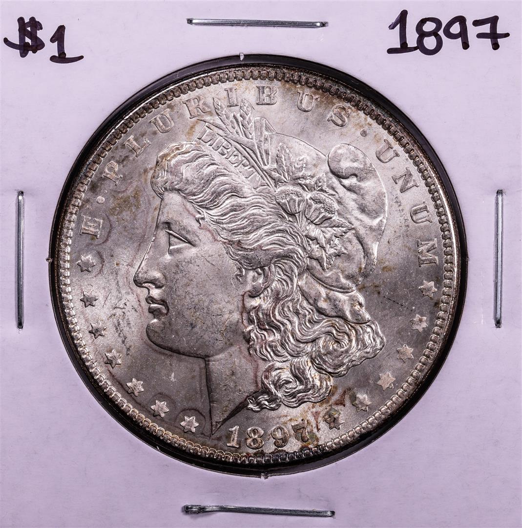 1897 $1 Morgan Silver Dollar Coin: One 1897 $1 Morgan Silver Dollar Coin.