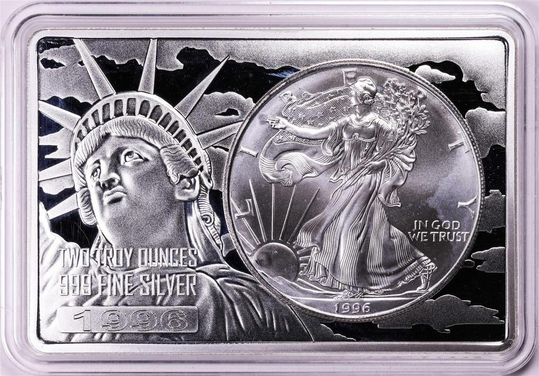 1996 $1 American Silver Eagle Coin & 2oz Silver Bar Set: One 1996 $1 American Silver Eagle Coin & 2oz Silver Bar Set.