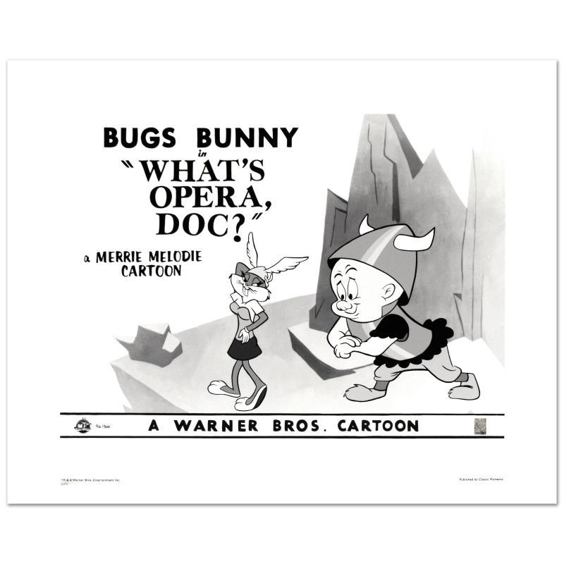 Looney Tunes "What'S Opera Doc" Limited Edition Giclee On Paper: "What's Opera Doc" is a limited edition giclee on paper from Warner Bros., numbered with hologram seal of Authenticity. This image was originally used as a "lobby card" displayed in theater lobbies to