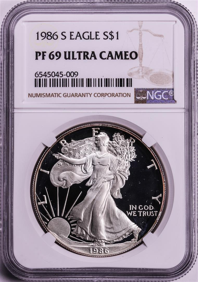 1986-S $1 Proof American Silver Eagle Coin NGC PF69 Ultra Cameo: One 1986-S $1 Proof American Silver Eagle Coin NGC PF69 Ultra Cameo. NGC Certified.