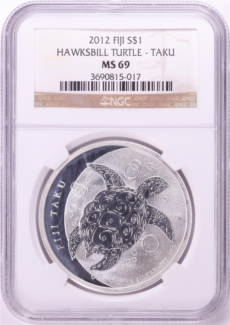 2012 Fiji Hawksbill Turtle Taku Silver Coin NGC MS69: One 2012 Fiji Hawksbill Turtle Taku Silver Coin NGC MS69. NGC Certified.