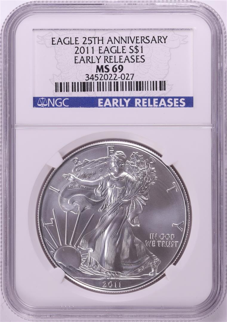 2011 $1 American Silver Eagle Coin NGC MS69 Early Releases: One 2011 $1 American Silver Eagle Coin NGC MS69 Early Releases. NGC Certified.