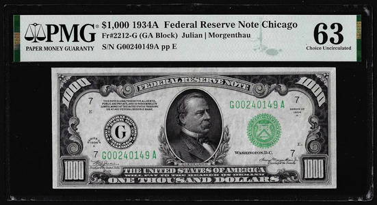 1934A $1,000 Federal Reserve Note Chicago Fr.2212-G PMG Choice Uncirculated 63