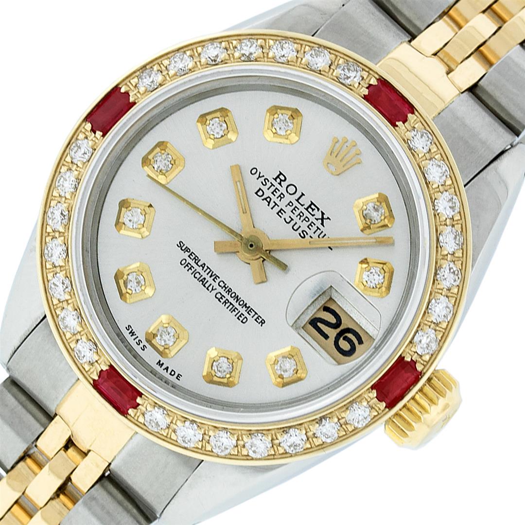 Rolex Ladies Two Tone Silver Diamond & Ruby Oyster Perpetual Datejust Watch: One Ladies Two Tone Rolex Datejust Polished, Serviced & Electronically Tested, Yellow Gold & Stainless Steel Case: 26mm, Yellow Gold Crown, Custom Bezel: New 18K Yellow Gold Ruby Beadset Diamond Bezel