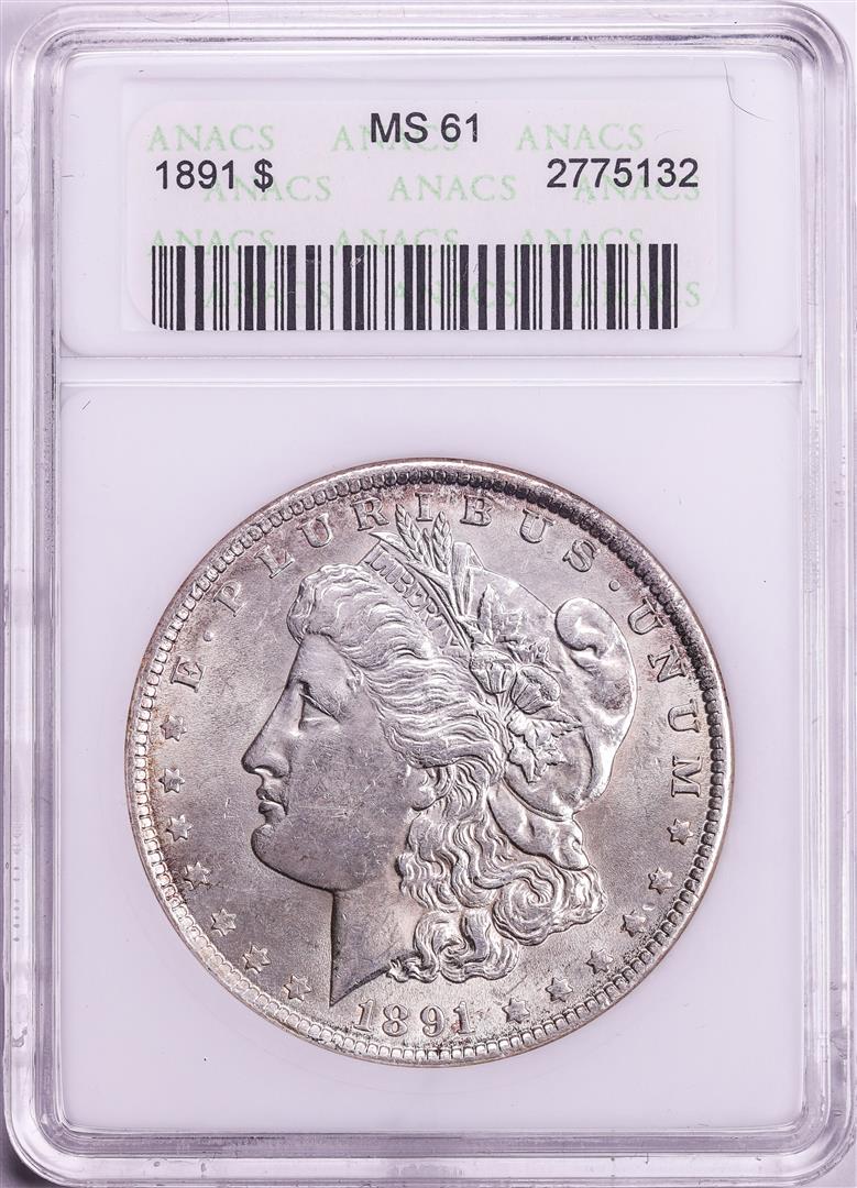 1891 $1 Morgan Silver Dollar Coin ANACS MS61 Old Soap Box Holder: One 1891 $1 Morgan Silver Dollar Coin ANACS MS61 Old Soap Box Holder. ANACS Certified.
