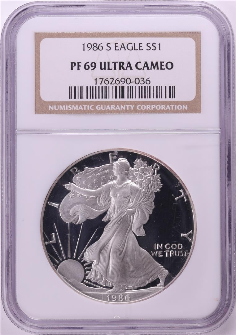 1986-S $1 Proof American Silver Eagle Coin NGC PF69 Ultra Cameo: One 1986-S $1 Proof American Silver Eagle Coin NGC PF69 Ultra Cameo. NGC Certified.