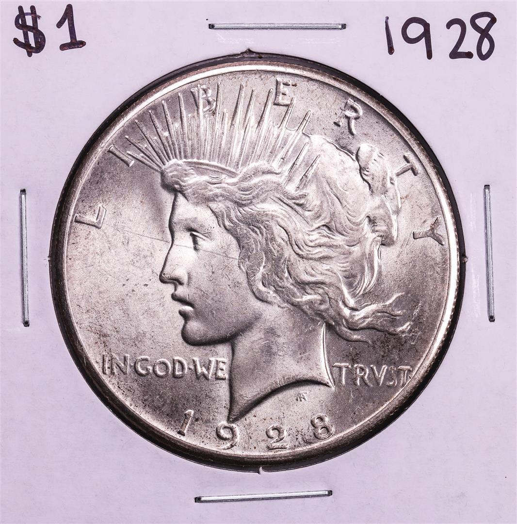 1928 $1 Peace Silver Dollar Coin: One 1928 $1 Peace Silver Dollar Coin.
