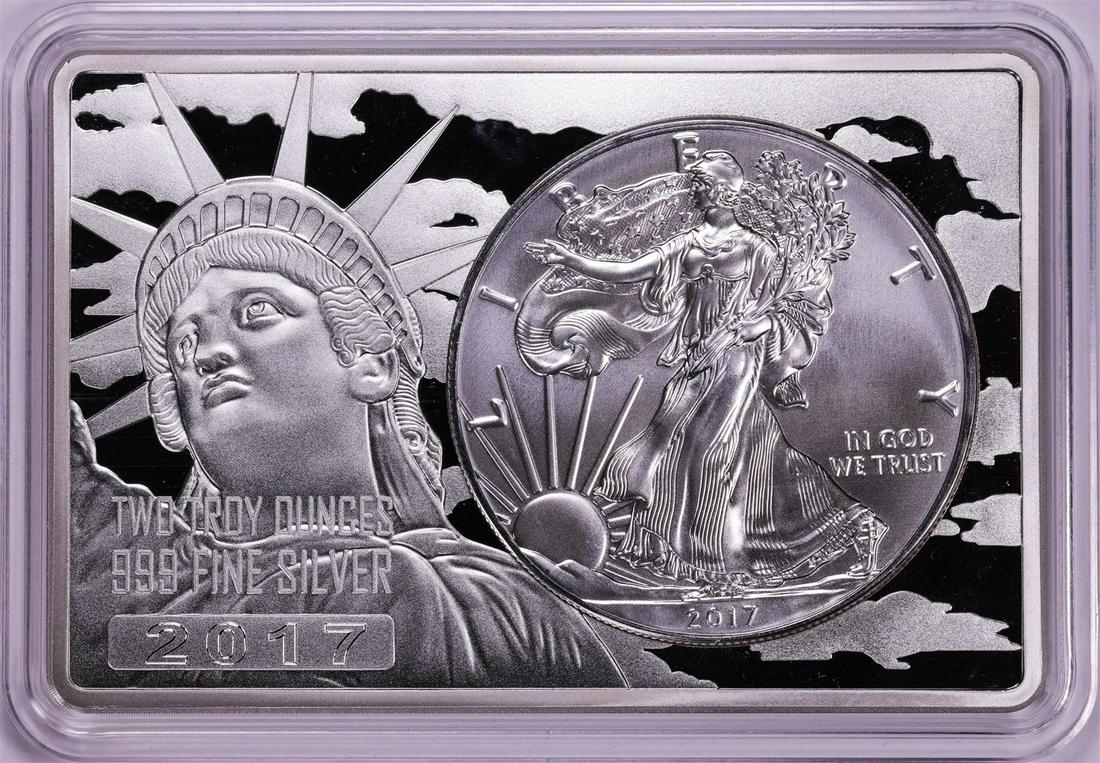 2017 $1 American Silver Eagle Coin & 2oz Silver Bar Set: One 2017 $1 American Silver Eagle Coin & 2oz Silver Bar Set.