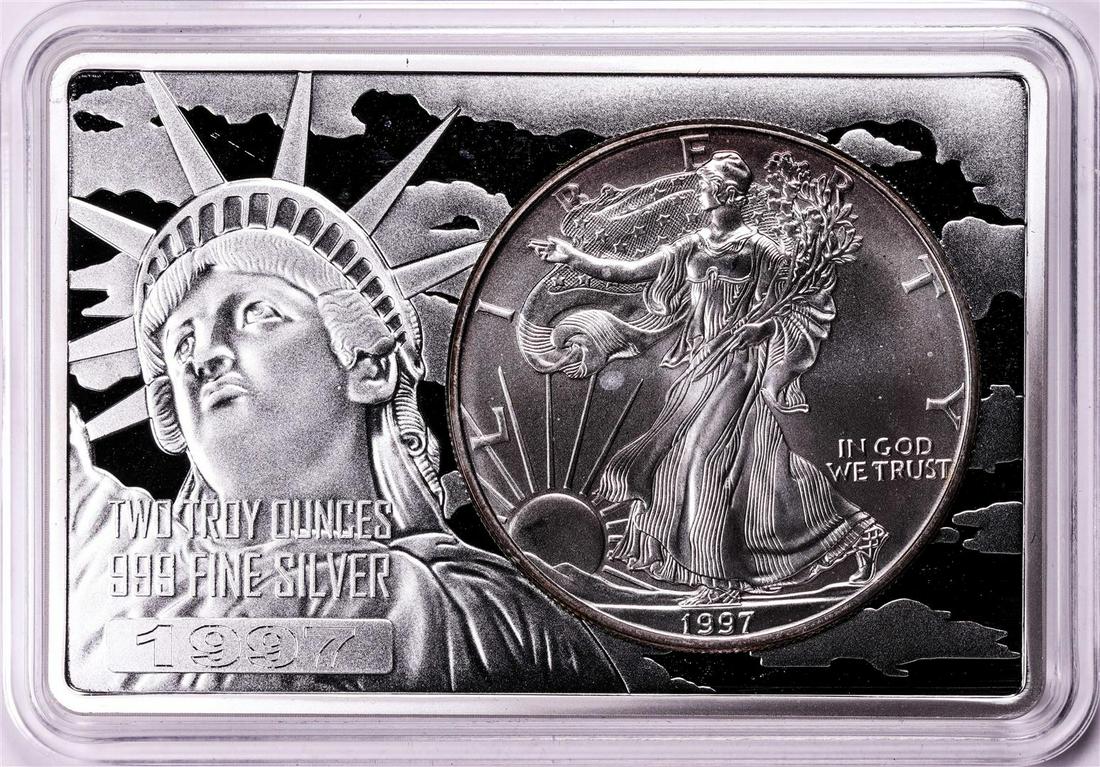 1997 $1 American Silver Eagle Coin & 2oz Silver Bar Set: One 1997 $1 American Silver Eagle Coin & 2oz Silver Bar Set.