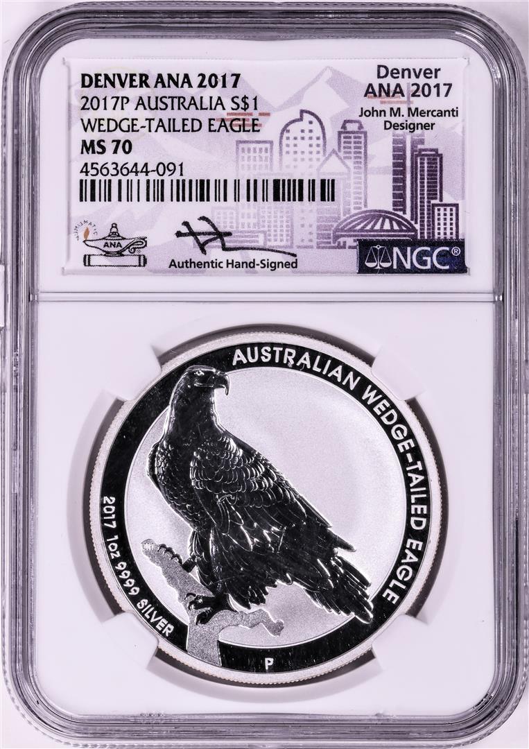 2017P $1 Australia Wedge-Tailed Eagle Silver Coin NGC MS70 Mercanti Signature ANA Denver: One 2017P $1 Australia Wedge-Tailed Eagle Silver Coin NGC MS70 Mercanti Signature ANA Denver. NGC Certified.