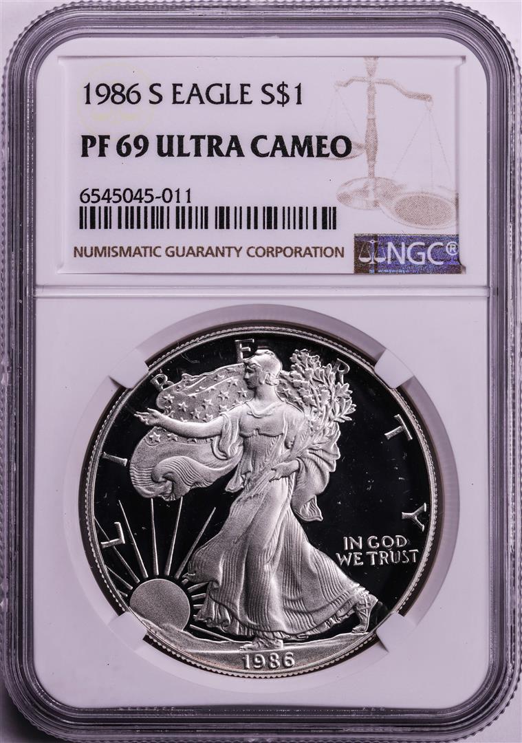 1986-S $1 Proof American Silver Eagle Coin NGC PF69 Ultra Cameo: One 1986-S $1 Proof American Silver Eagle Coin NGC PF69 Ultra Cameo. NGC Certified.