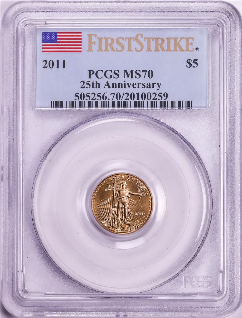 2011 $5 American Eagle Gold Coin PCGS MS70 First Strike: One 2011 $5 American Eagle Gold Coin PCGS MS70 First Strike. PCGS Graded.