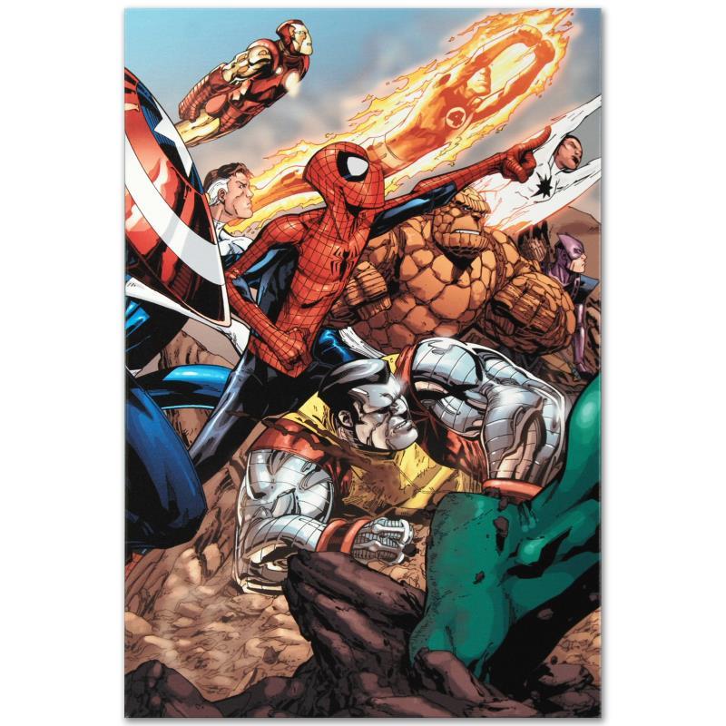 Marvel Comics "Spider-Man & The Secret Wars #3" Limited Edition Giclee On Canvas: A piece of comic book history, this limited edition, from original art by Patrick Scherberger, depicts Spider-Man, Colossus, Thing, Iron Man and Human Torch. Patrick Scherberger is an American comic b