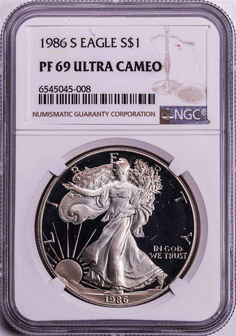 1986-S $1 Proof American Silver Eagle Coin NGC PF69 Ultra Cameo: One 1986-S $1 Proof American Silver Eagle Coin NGC PF69 Ultra Cameo. NGC Certified.