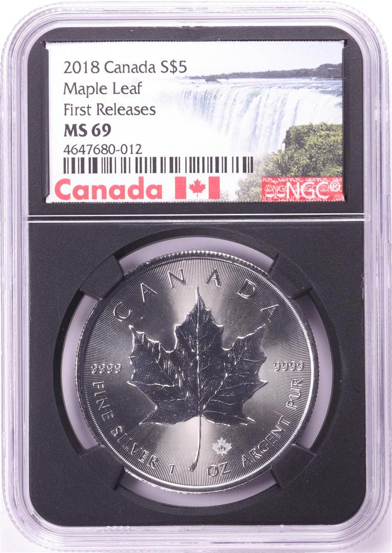 2018 $5 Canada Maple Leaf Silver Coin NGC MS69 First Releases: One 2018 $5 Canada Maple Leaf Silver Coin NGC MS69 First Releases. NGC Certified.