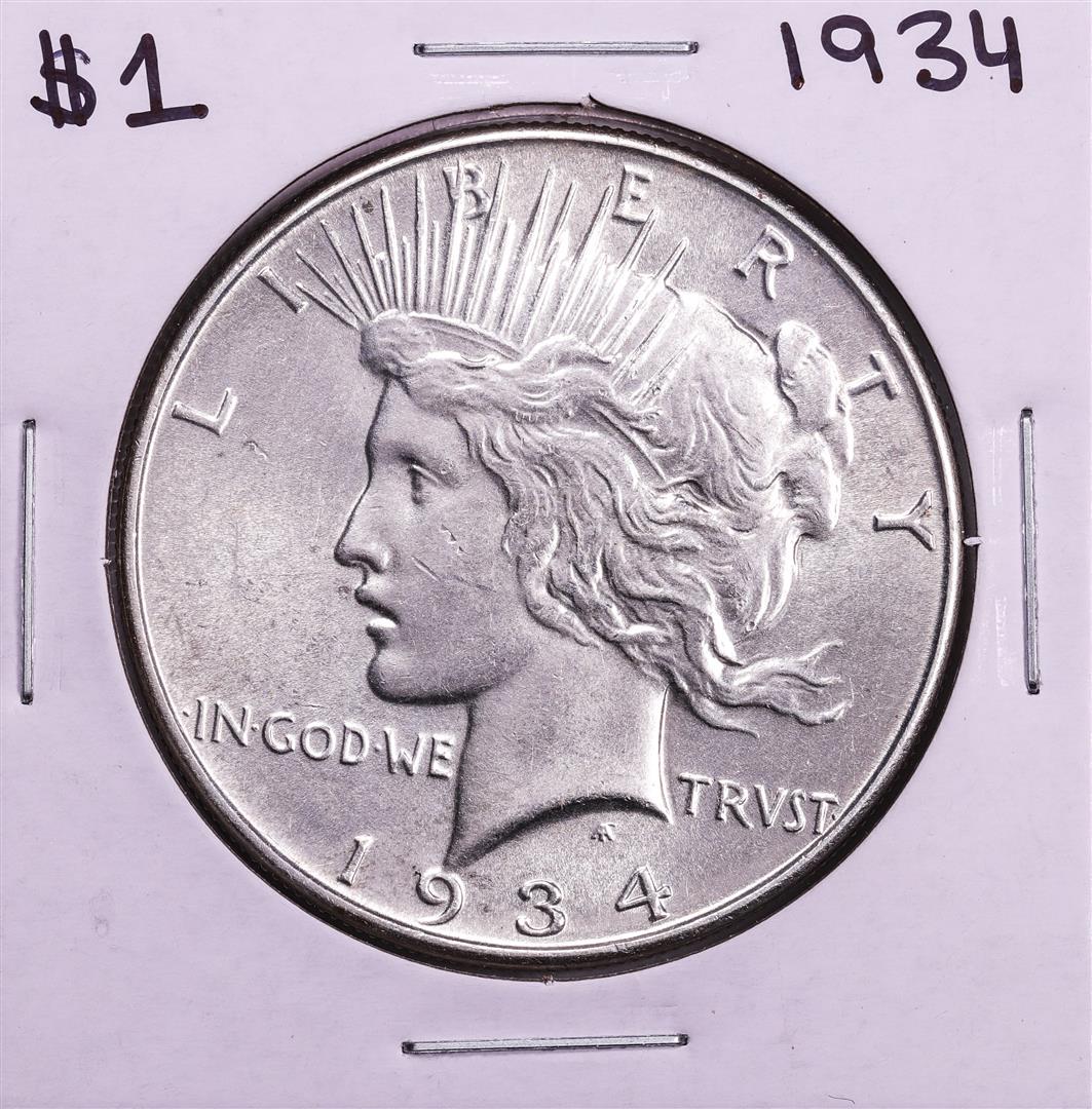 1934 $1 Peace Silver Dollar Coin: One 1934 $1 Peace Silver Dollar Coin.