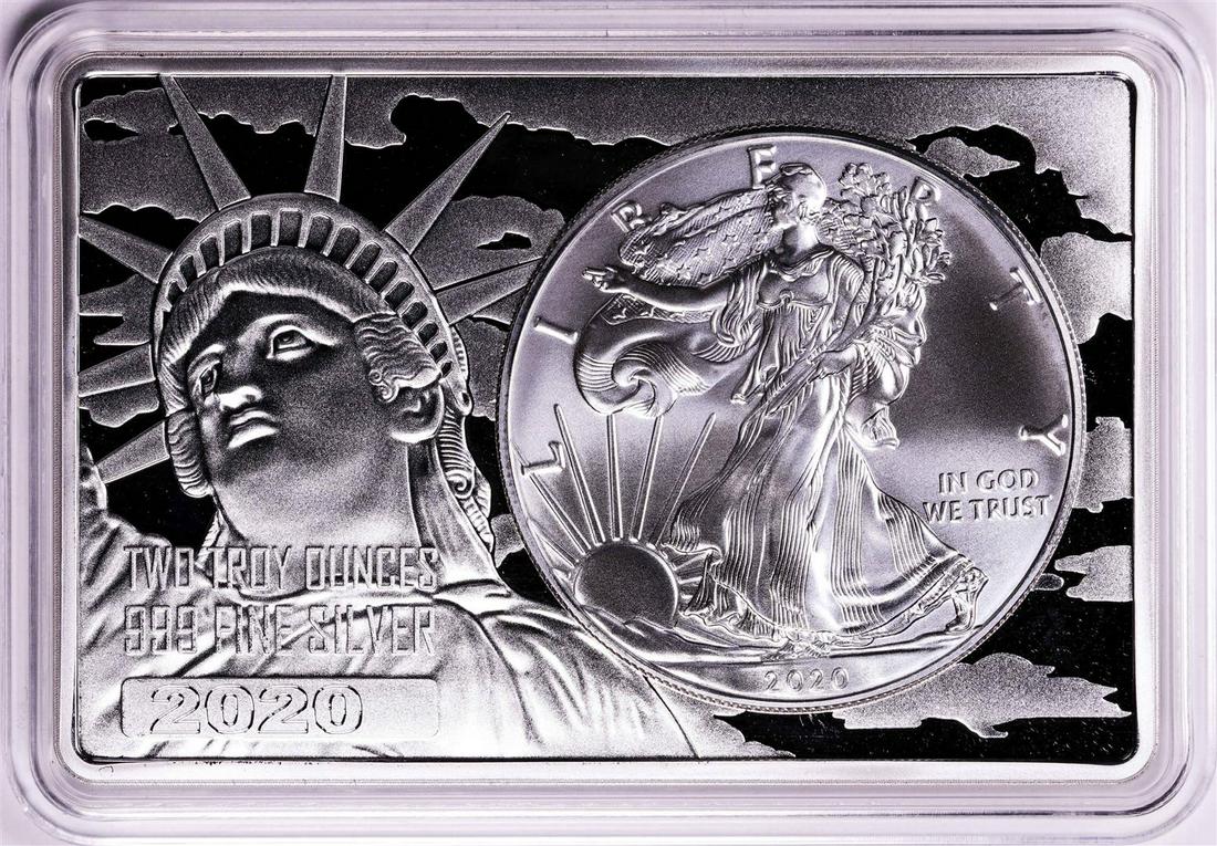 2020 $1 American Silver Eagle Coin & 2oz Silver Bar Set: One 2020 $1 American Silver Eagle Coin & 2oz Silver Bar Set.