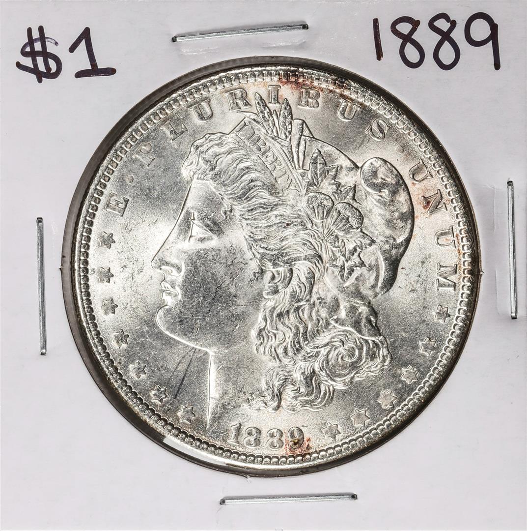 1889 $1 Morgan Silver Dollar Coin: One 1889 $1 Morgan Silver Dollar Coin.