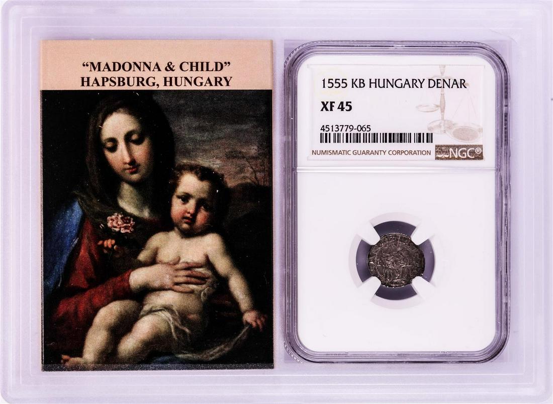 1555 KB Hungary Denar 'Madonna and Child' Coin NGC XF45 w/ Story Box: One 1555 KB Hungary Denar 'Madonna and Child' Coin NGC XF45 w/ Story Box. NGC Certified.
