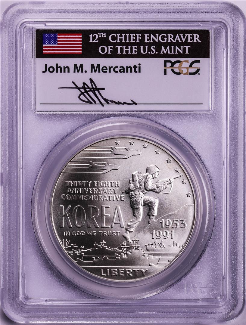 1991-D $1 Commemorative Korea Silver Dollar Coin PCGS MS70 Mercanti Signature: One 1991-D $1 Commemorative Korea Silver Dollar Coin PCGS MS70 Mercanti Signature. PCGS Graded.
