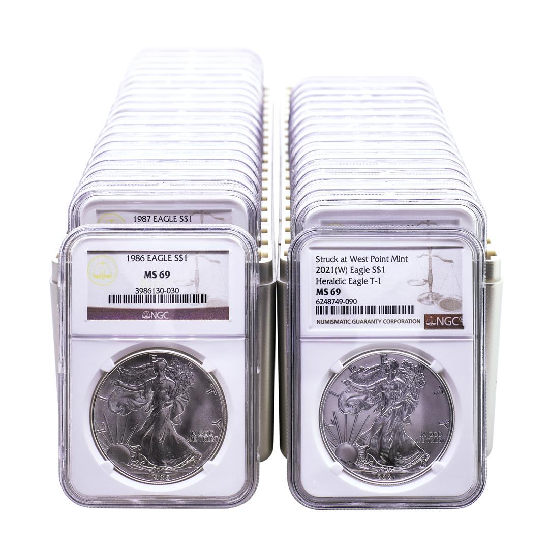 Set of 1986-2021 $1 American Silver Eagle Coins NGC MS69 (36 Coins): One Set of 1986-2021 $1 American Silver Eagle Coins NGC MS69 (36 Coins). NGC Certified.