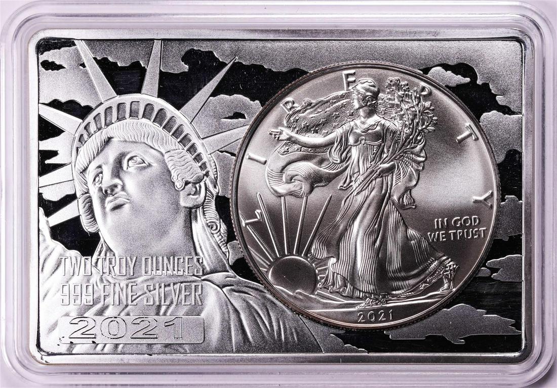 2021 Type 1 $1 American Silver Eagle Coin & 2oz Silver Bar Set: One 2021 Type 1 $1 American Silver Eagle Coin & 2oz Silver Bar Set.