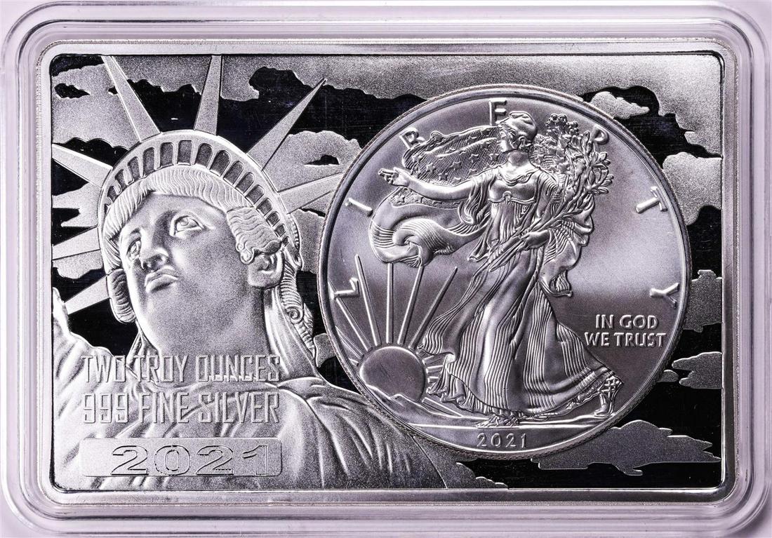 2021 Type 1 $1 American Silver Eagle Coin & 2oz Silver Bar Set: One 2021 Type 1 $1 American Silver Eagle Coin & 2oz Silver Bar Set.