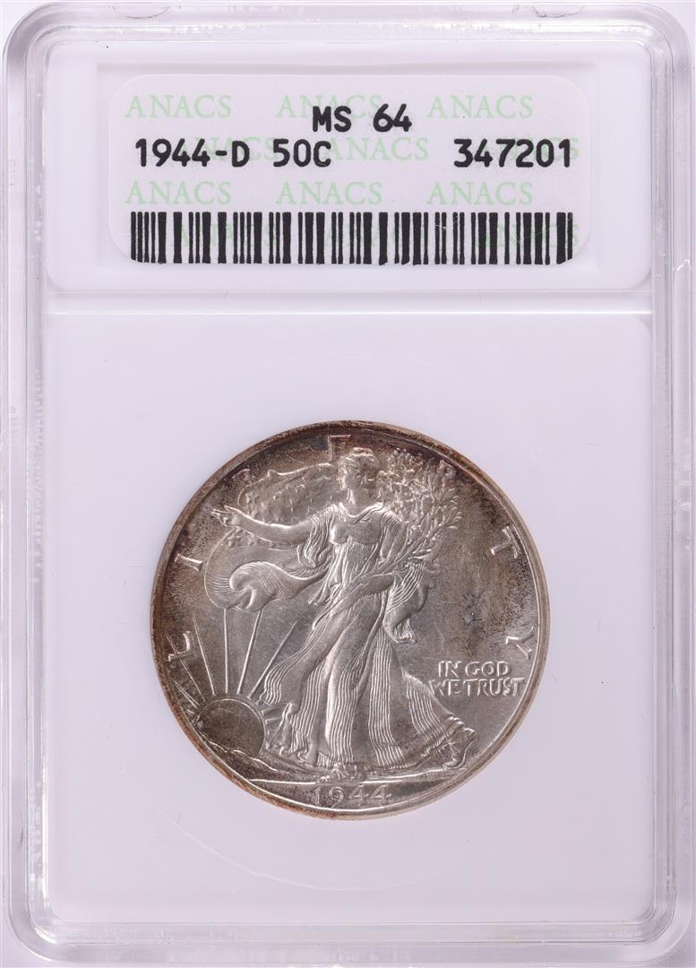 1944-D Walking Liberty Half Dollar Coin ANACS MS64 Old Soap Box Holder: One 1944-D Walking Liberty Half Dollar Coin ANACS MS64 Old Soap Box Holder. ANACS Certified.