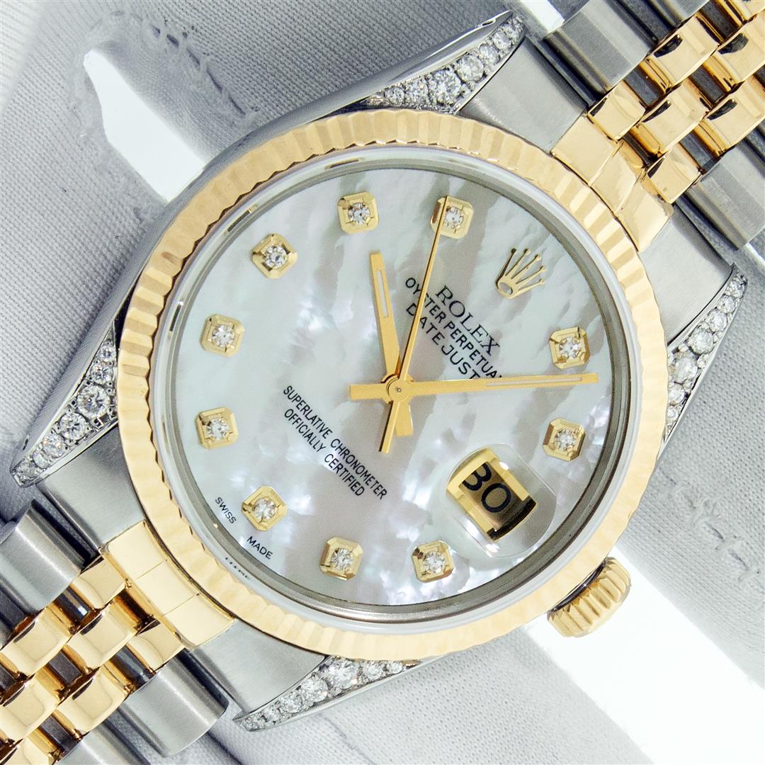 Rolex Men's Two Tone MOP Diamond Datejust Wristwatch with Rolex Box: One Men's Pre Owned Yellow Gold Rolex Datejust Polished Bright with Satin Finish, Serviced & Electronically Tested, Stainless Steel Case: 36mm, Custom Diamond Lugs: Custom Added 28 Genuine Diamonds On
