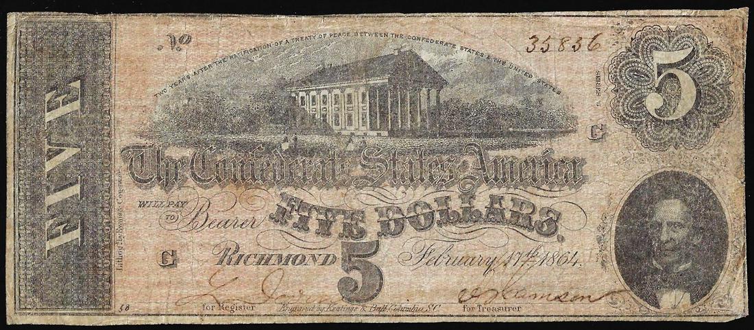 1864 $5 Confederate States of America Note: One 1864 $5 Confederate States of America Note.