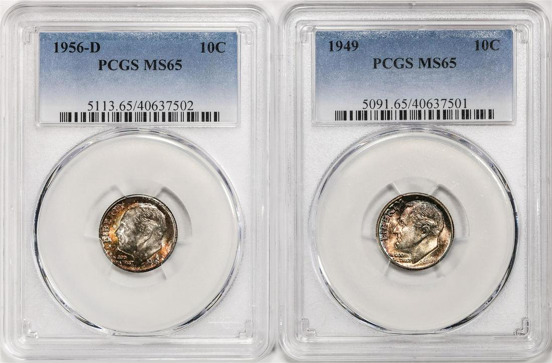 Lot of 1949 & 1956-D Roosevelt Dime Coins PCGS MS65 w/ Nice Toning: One Lot of 1949 & 1956-D Roosevelt Dime Coins PCGS MS65 w/ Nice Toning. PCGS Graded.