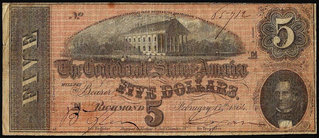 1864 $5 Confederate States of America Note: One 1864 $5 Confederate States of America Note.