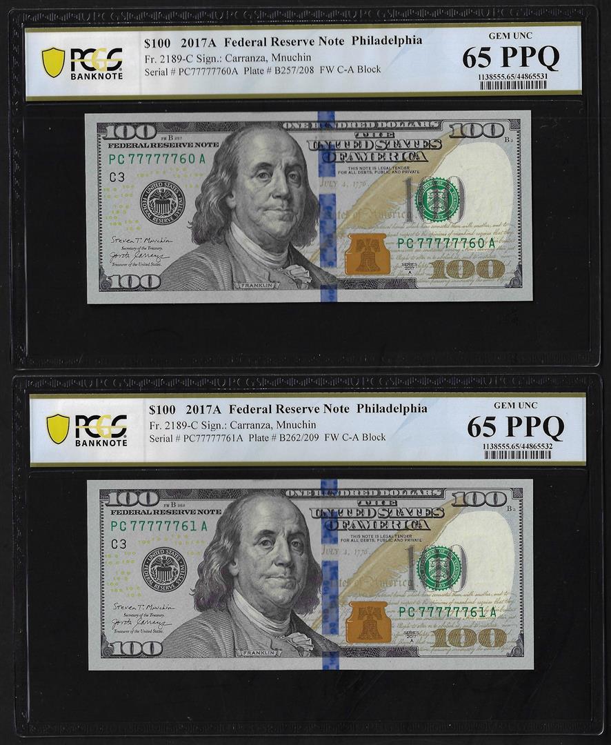(2) Consec. 2017A $100 Federal Reserve Bank Notes PCGS Gem Unc. 65PPQ Fancy Serial: One (2) Consec. 2017A $100 Federal Reserve Bank Notes PCGS Gem Unc. 65PPQ Fancy Serial. PCGS Graded.