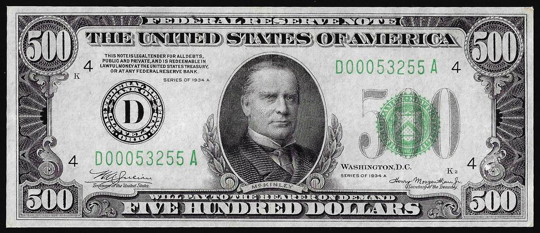 1934A $500 Federal Reserve Note Cleveland: One 1934A $500 Federal Reserve Note Cleveland.