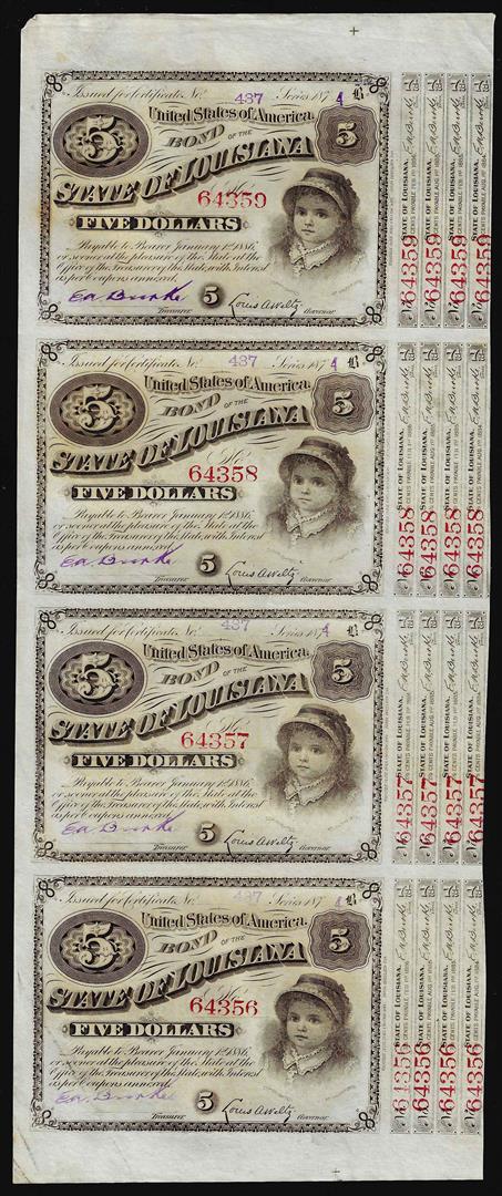 Uncut Sheet of (4) State of Louisiana Baby Bond Obsolete Notes: One Uncut Sheet of (4) State of Louisiana Baby Bond Obsolete Notes.