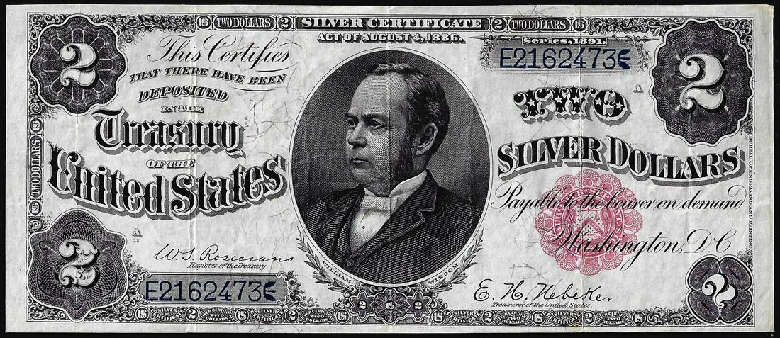 1891 $2 Windom Silver Certificate Note: One 1891 $2 Windom Silver Certificate Note.