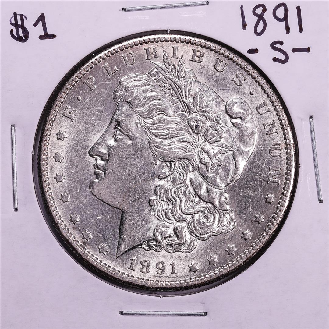 1891-S $1 Morgan Silver Dollar Coin: One 1891-S $1 Morgan Silver Dollar Coin.