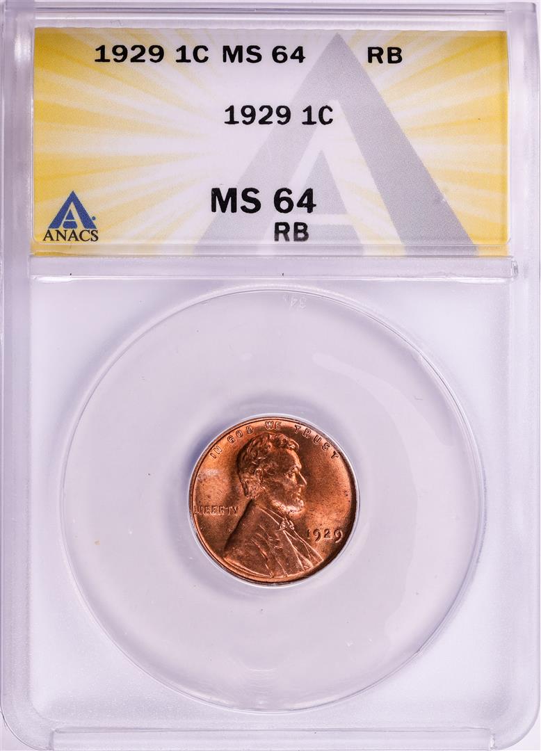1929 Lincoln Wheat Cent Coin ANACS MS64 RB: One 1929 Lincoln Wheat Cent Coin ANACS MS64 RB. ANACS Certified.