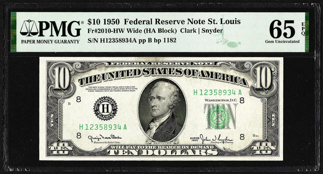 1950 $10 Federal Reserve Note St. Louis Fr.2010-HW PMG Gem Uncirculated 65EPQ: One 1950 $10 Federal Reserve Note St. Louis Fr.2010-HW PMG Gem Uncirculated 65EPQ. PMG Certified.