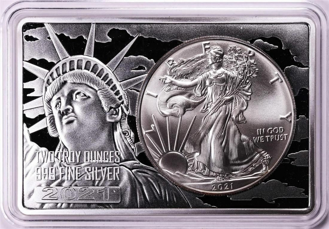 2021 Type 1 $1 American Silver Eagle Coin & 2oz Silver Bar Set: One 2021 Type 1 $1 American Silver Eagle Coin & 2oz Silver Bar Set.