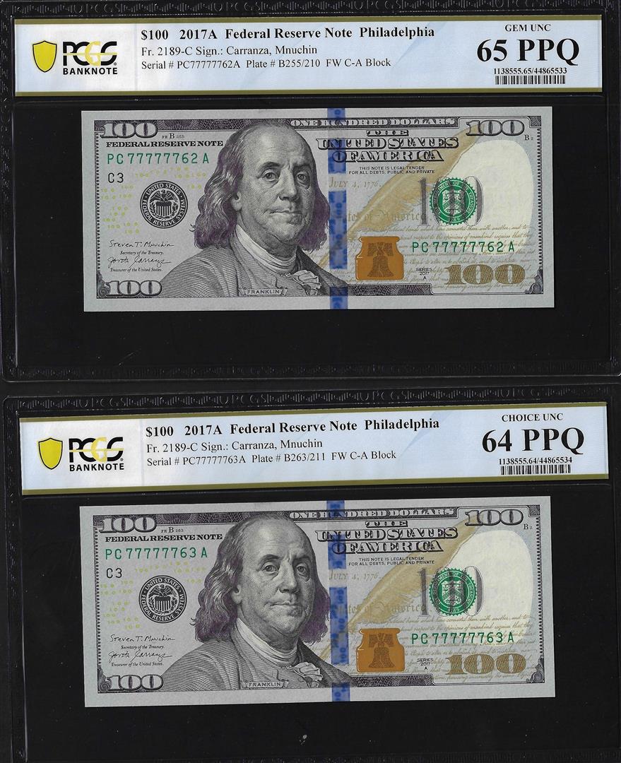 (2) Consec. 2017A $100 Federal Reserve Bank Notes PCGS Choice/Gem Unc. 64PPQ/65PPQ: One (2) Consec. 2017A $100 Federal Reserve Bank Notes PCGS Choice/Gem Unc. 64PPQ/65PPQ. PCGS Graded.