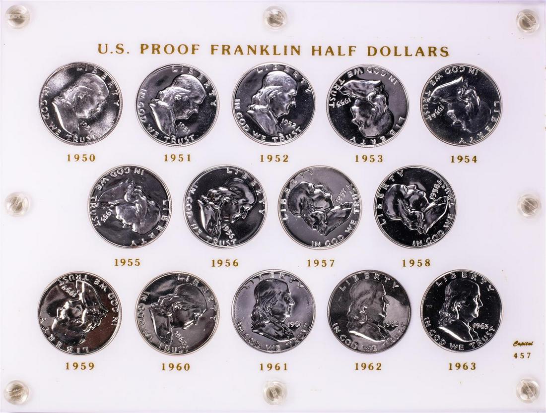 1950-1963 Proof Franklin Half Dollar Coin Set in Capitol Plastic: One 1950-1963 Proof Franklin Half Dollar Coin Set in Capitol Plastic.