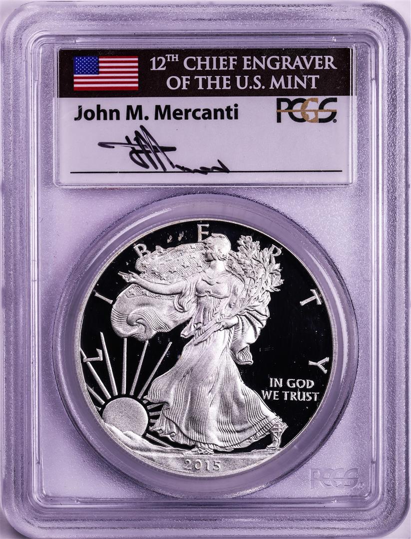 2015-W $1 Proof American Silver Eagle Coin PCGS PR70DCAM FDOI Mercanti Signature: One 2015-W $1 Proof American Silver Eagle Coin PCGS PR70DCAM FDOI Mercanti Signature. PCGS Graded.