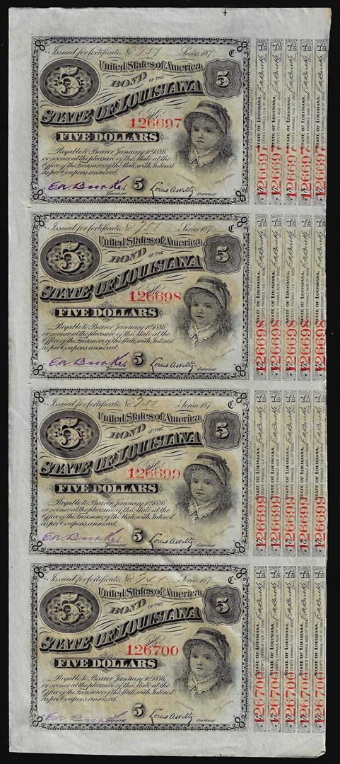 Uncut Sheet of (4) State of Louisiana Baby Bond Obsolete Notes: One Uncut Sheet of (4) State of Louisiana Baby Bond Obsolete Notes.