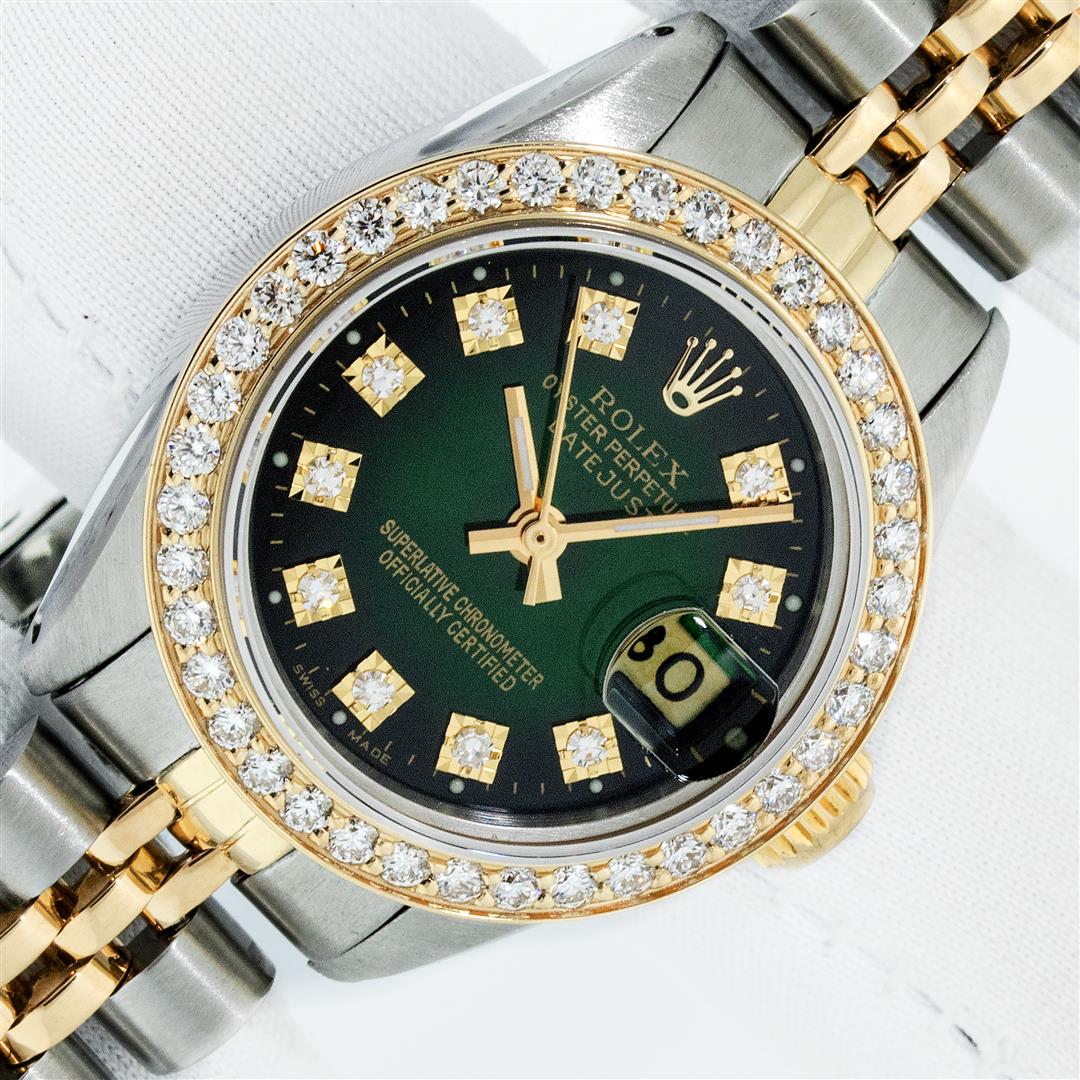 Rolex Ladies Two Tone Green Vignette 1 ctw VS Diamond Datejust Wristwatch: One Ladies Two Tone Rolex Oyster Perpetual Datejust Polished, Serviced & Electronically Tested, Rolex Yellow Gold & Stainless Steel Case: 26mm, Rolex Yellow Gold Crown, Custom Bezel: New 18K 1ctw Yell
