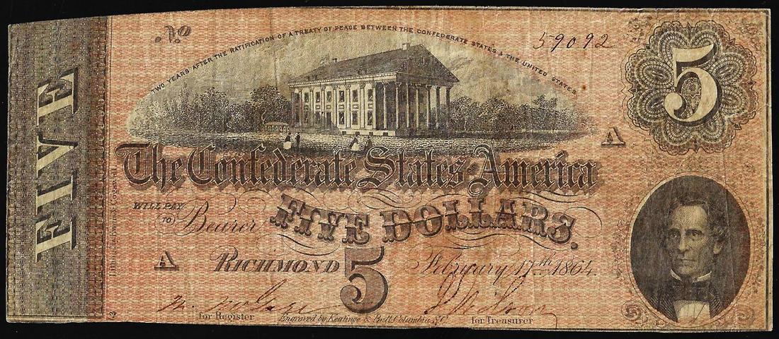 1864 $5 Confederate States of America Note: One 1864 $5 Confederate States of America Note.