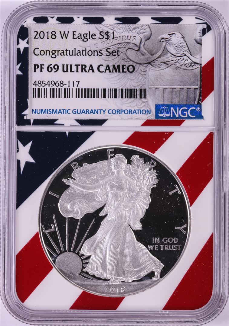 2018-W $1 Proof American Silver Eagle Coin NGC PF69 Ultra Cameo Congratulations Flag: One 2018-W $1 Proof American Silver Eagle Coin NGC PF69 Ultra Cameo Congratulations Flag. NGC Certified.