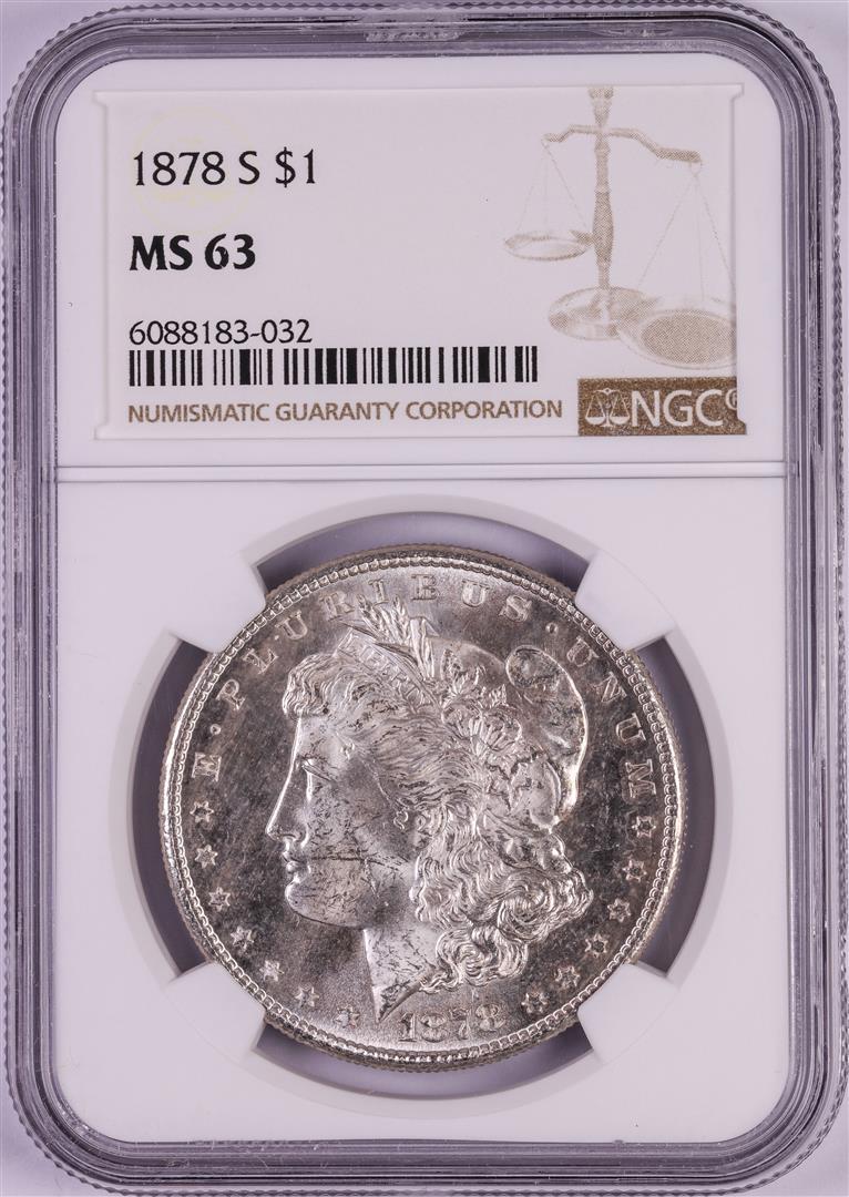 1878-S $1 Morgan Silver Dollar Coin NGC MS63: One 1878-S $1 Morgan Silver Dollar Coin NGC MS63. NGC Certified.